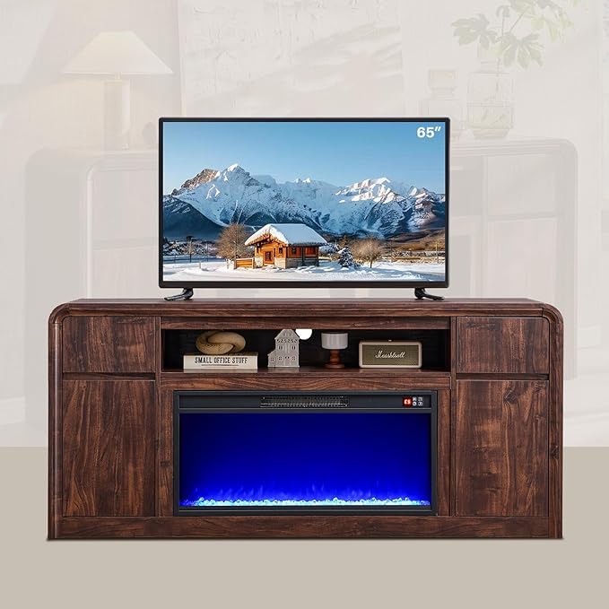 Modern Fireplace TV Stand with 36" LED Electric Fireplace for 80 inch TVs, 32" Tall Entertainment Center w/Drawers &Adjustable Shelves, Wood Media Console w/Curved Profile Design for Living Room,Brown