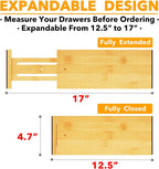 SpaceAid Bamboo 4 Pack Dresser Drawer Dividers, 4.65“ High Adjustable 12.5“-17” Drawer Organizers, Expandable Organization for Clothing, Clothes, Dressers, Natural