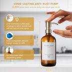 Glass Soap Dispenser for Kitchen, Farmhouse Dish & Hand Soap Dispenser Set, Rustproof Pump Bathroom Soap Lotion Dispenser with Tray, Waterproof Label for Kitchen Decor(Amber
