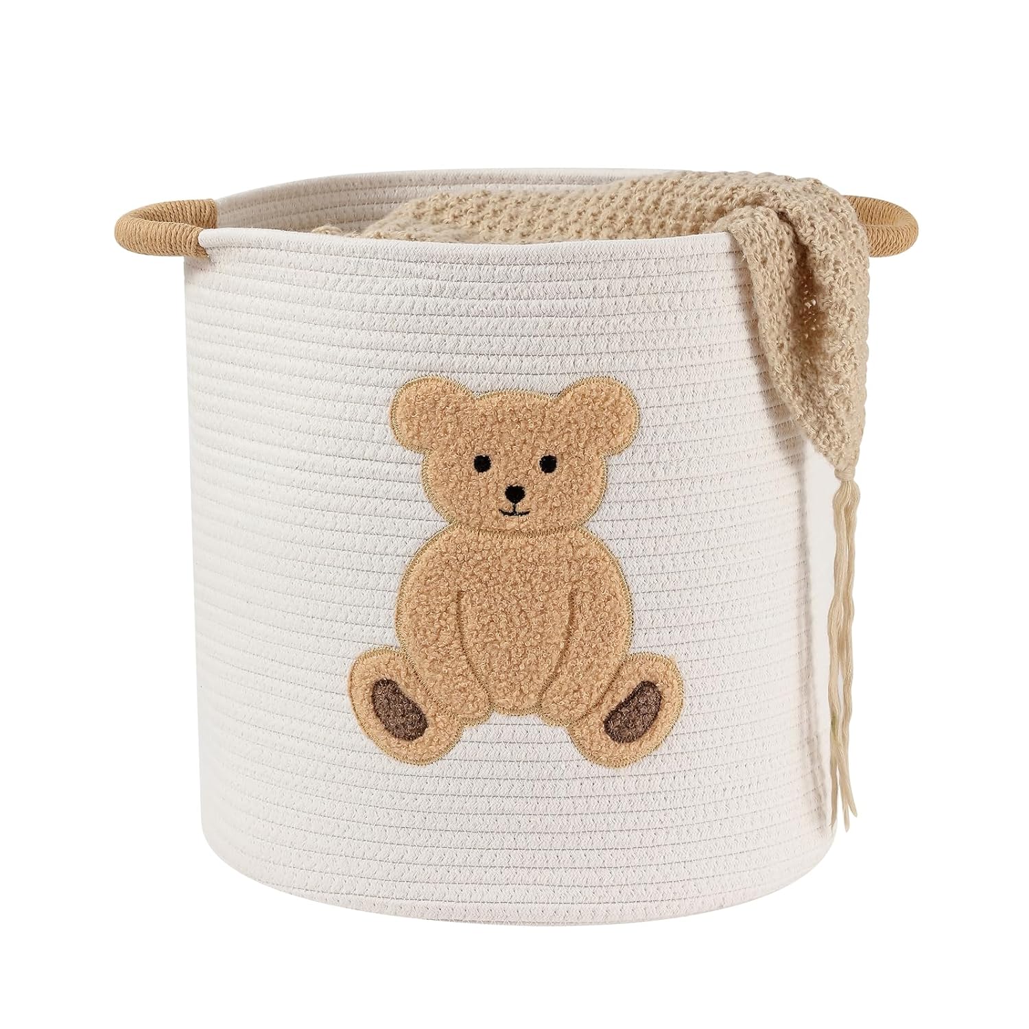 Large Blanket Baskets for Living Room, Teddy Bear Baskets Toy Storage Basket, 14" x 14" Woven Cotton Rope Basket for Kids, Toys Organizer Clothes Hamper with Embroidery, Teddy Bear Nursery Decor