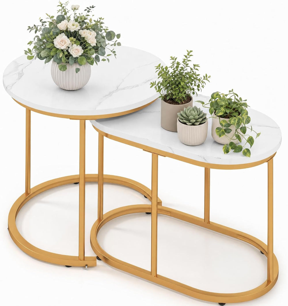 LDAILY Nesting Coffee Table Set with Marble-Look Top, 2-Piece | Golden Steel ...