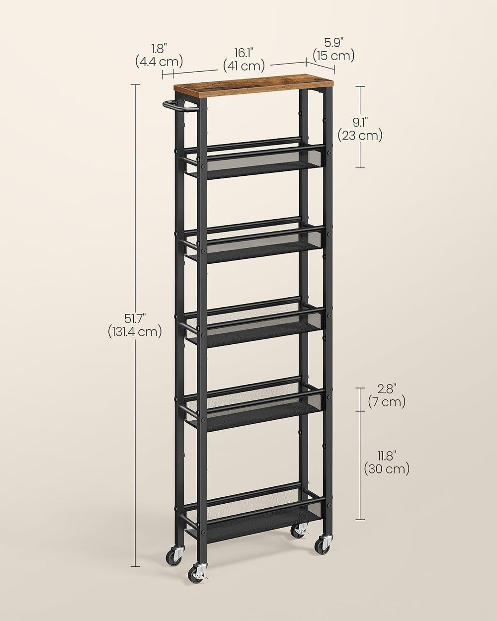 VASAGLE Slim Storage Cart, 6-Tier Rolling Utility Cart, Skinny Shelf for Kitc...