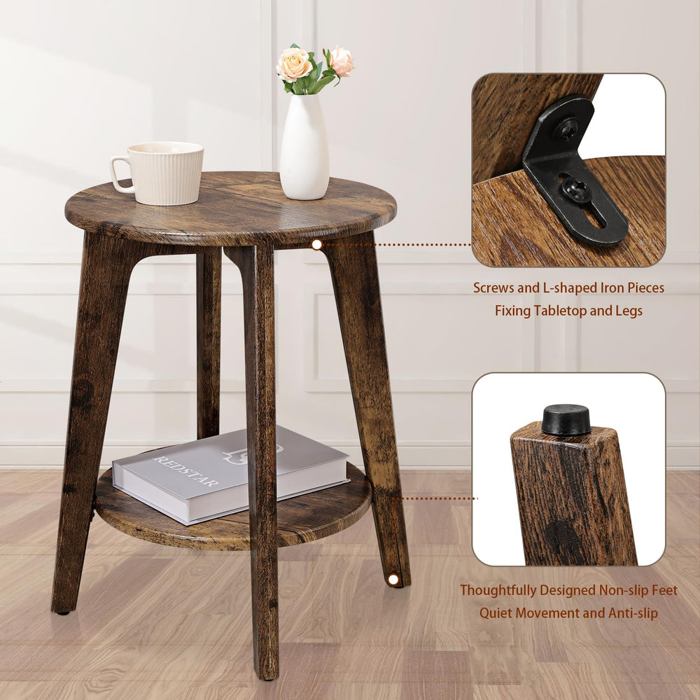 Small Round Side Table Wooden End Table with Lower Shelf Modern Nightstand Be...