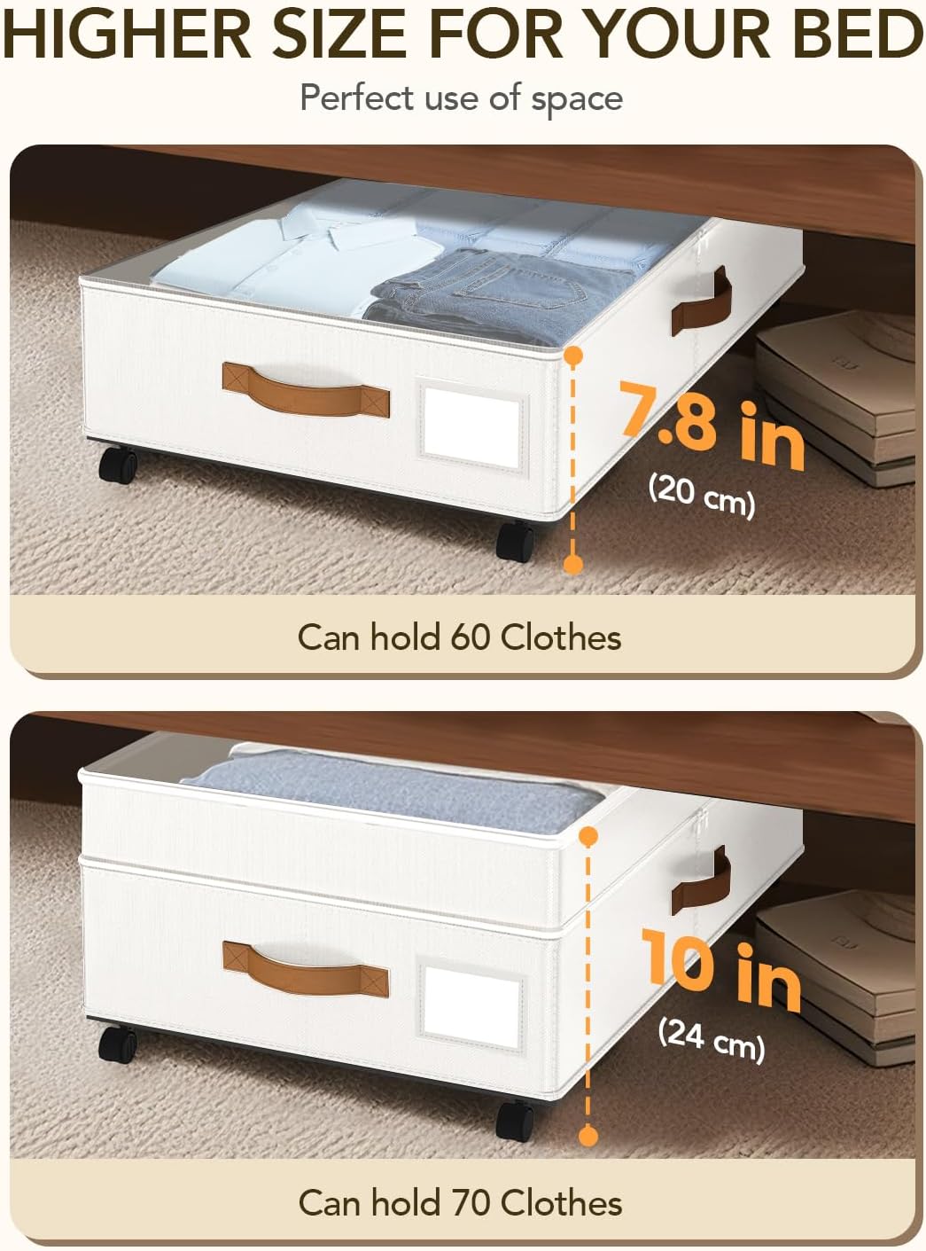 Under Bed Storage with Wheels, 10 inches Under Bed Storage Containers, 65L XXL Large Adjustable Underbed with Lids, Rolling Underbed Storage bins for Shoes, Clothes, Blankets, White