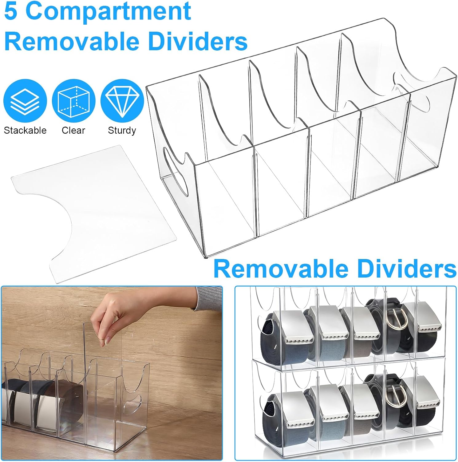 Kifmurase 2PCS Belts Organizer Acrylic Belt Storage Holder Purse Organizer for Closet with Removable Dividers, 5 Compartments Clear Belt Drawer Display and Storage Case for Ties Socks Underwear