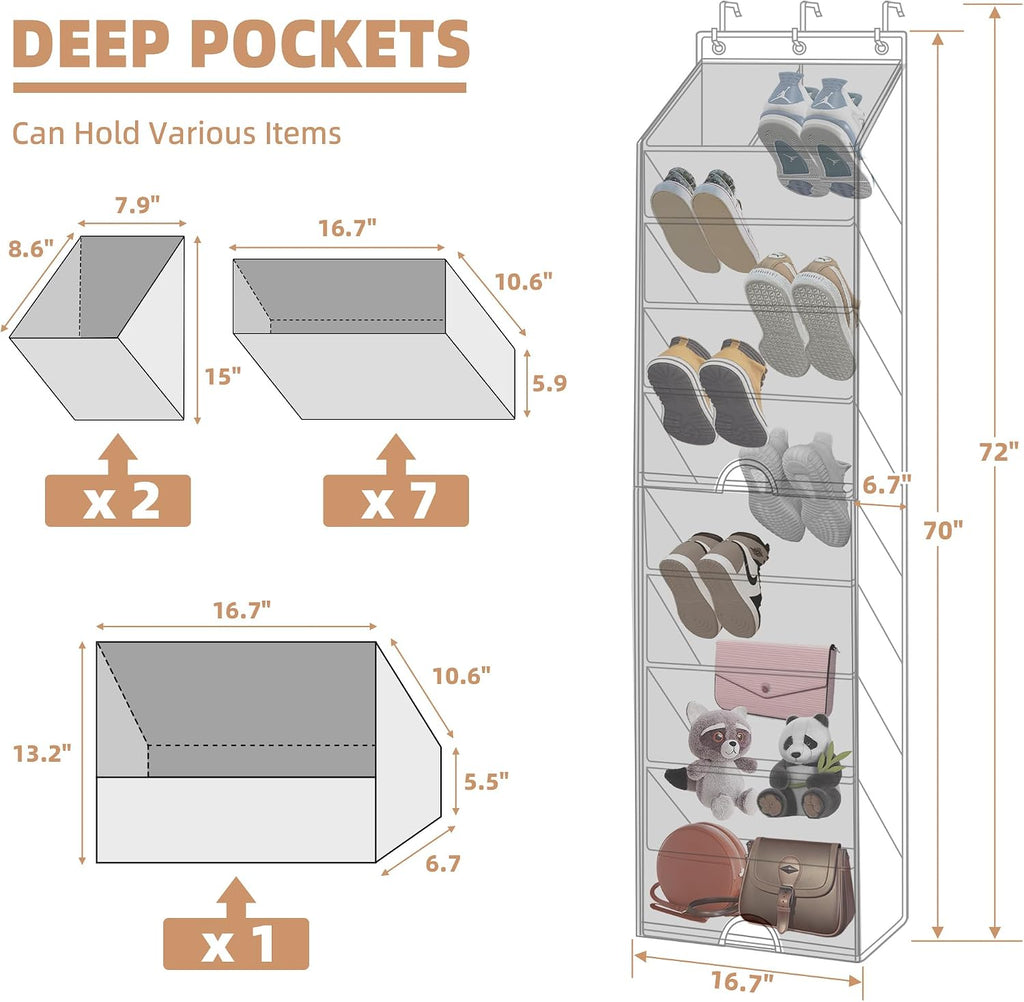 STORAGE MANIAC Over the Door Shoe Organizer with Curtain Dustproof Heavy-Duty Large Deep Pocket Hanging Shoe Organizer for Closet Dorm & Narrow Door Storage Shoe Holder Shoe Rack, 9-Shelf Beige 1 Pack