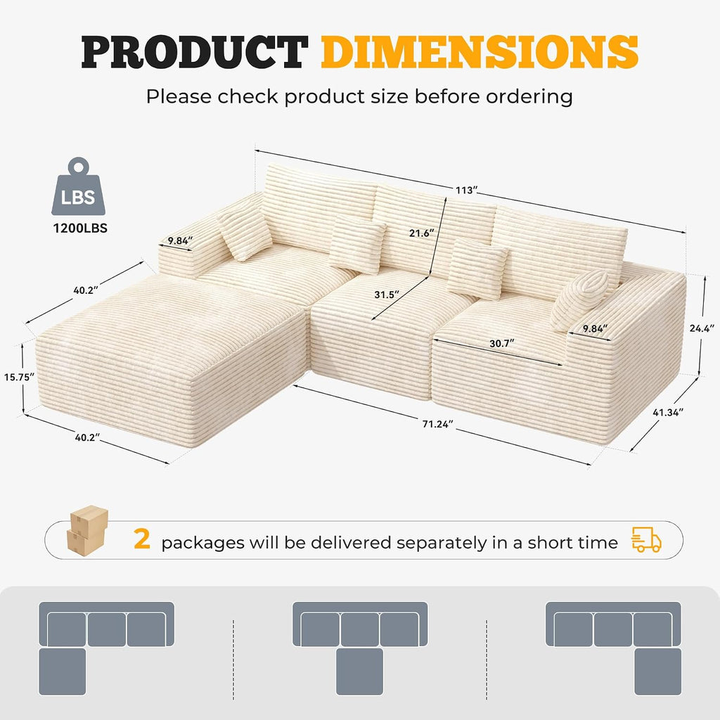 113" Modular Sectional Sofa, Convertible L-Shaped Cloud Couches for Living Room with Ottoman, 4 Seater Corduroy Boneless Couch Sofa Set, No Assembly Required, Beige 1 PCS