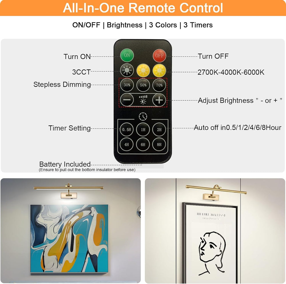 Tassuowell Picture Light Battery Operated with Remote, 3CCT Dimmable Picture ...