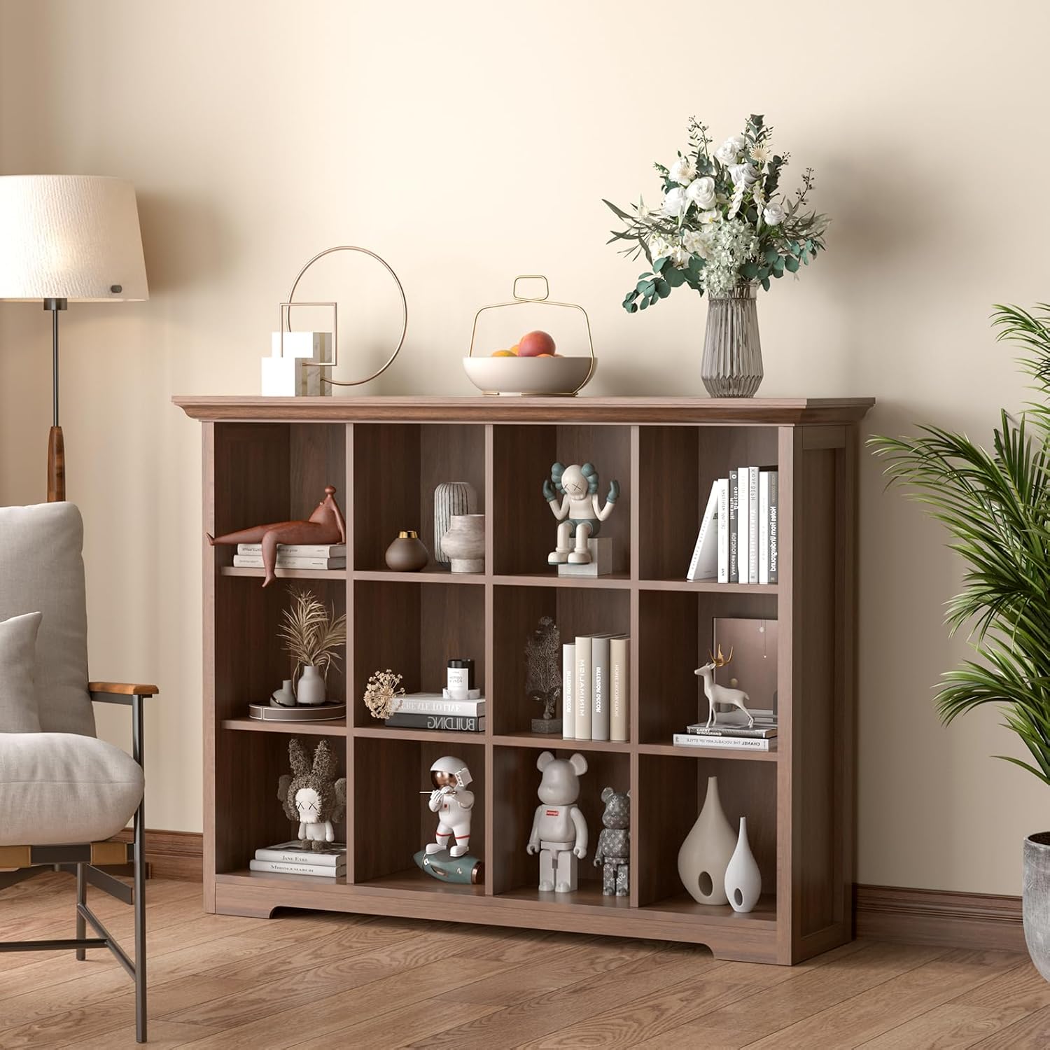 Cube Shelf Bookcase with Base - Wooden 3 Tiers Floor Standing Low Storage Cabinet for Home and Office, 12-Cube Lattice Bookshelf, Walnut