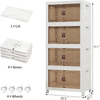 Storage Bins with Lids and Wheels, Collapsible Bathroom Storage Cabinet with Clear Doors, Plastic Stackable Closet Organizers and Storage Containers White 628 QT