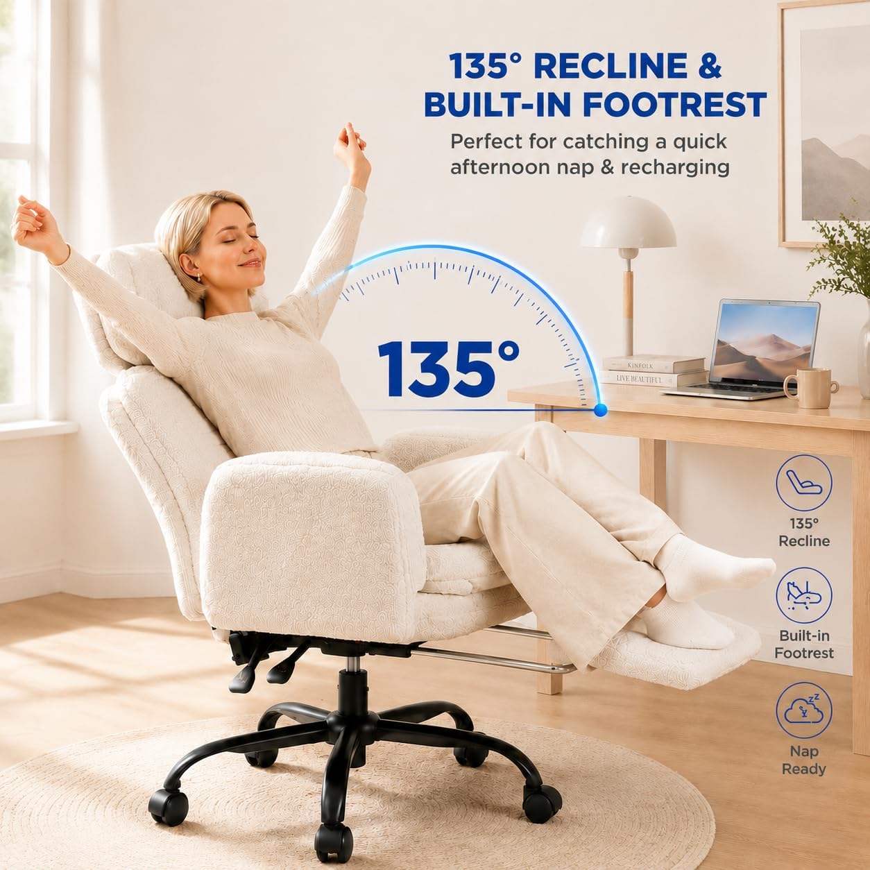 Big and Tall Office Chair with Footrest, Teddy Fabric Ergonomic Desk Chair with Adjustable Armrests, 135° Reclining High Back Computer Chair for Home Office, Cross-Legged Sitting, Pink