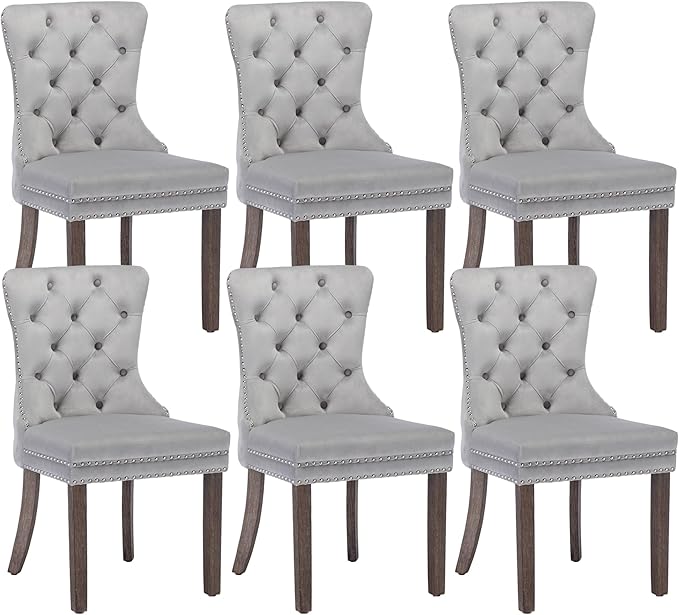 KCC Velvet Dining Chairs Set of 6, Upholstered High-end Tufted Dining Room Chair with Nailhead Back Ring Pull Trim Solid Wood Legs, Nikki Collection Modern Style for Kitchen, Light Grey