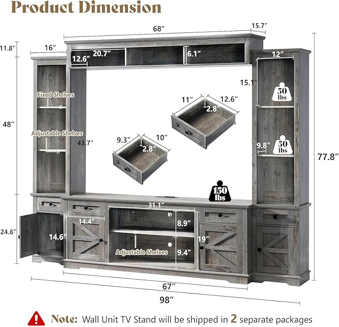 AMERLIFE 98" Farmhouse Wall Unit Entertainment Center with Bookshelves, Wine Cabinet, Fits 75" TVs, Large TV Stand with Power Outlets & Barn Door, Rustic Media Console for Living Room, Gray