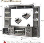 AMERLIFE 98" Farmhouse Wall Unit Entertainment Center with Bookshelves, Wine Cabinet, Fits 75" TVs, Large TV Stand with Power Outlets & Barn Door, Rustic Media Console for Living Room, Gray