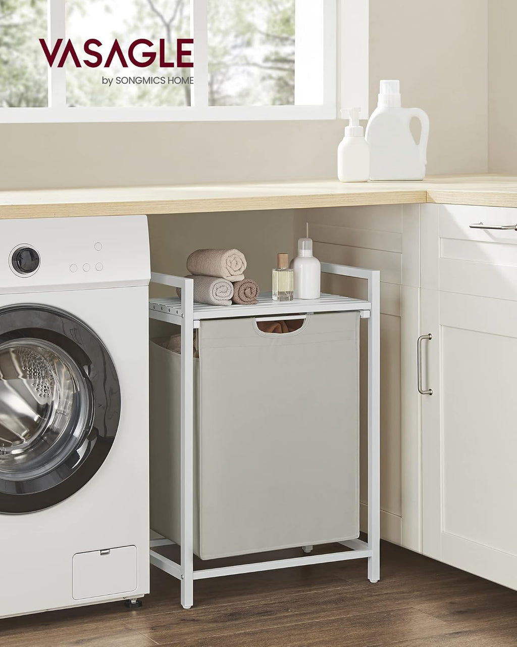 VASAGLE Laundry Hamper, Laundry Basket, Laundry Sorter with A Pull-Out and Removable Bag, Shelf, Metal Frame, 17.2 Gallons (65 L), 19.7 x 13 x 28.4 Inches, Cream White and Cloud White UBLH101W01