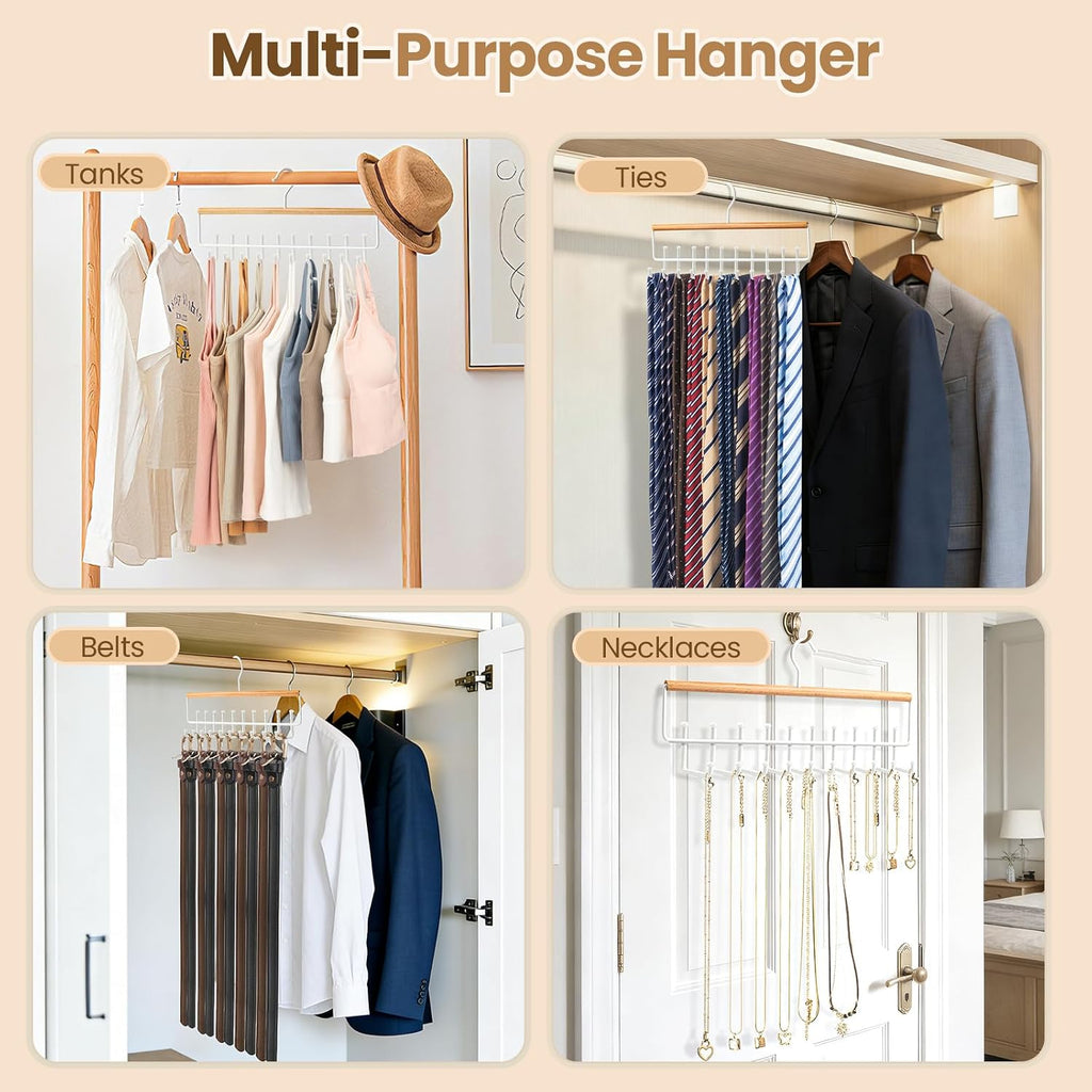 Tie Rack Hanger for Closet Upgraded 2-in-1 Tie and Belt Hanger Non Slip Tie Rack with 20 Hooks Tie Hanger Space Saving Wooden Belt Tie Organizer for Tank Tops Bras Cami Scarves, Wooden