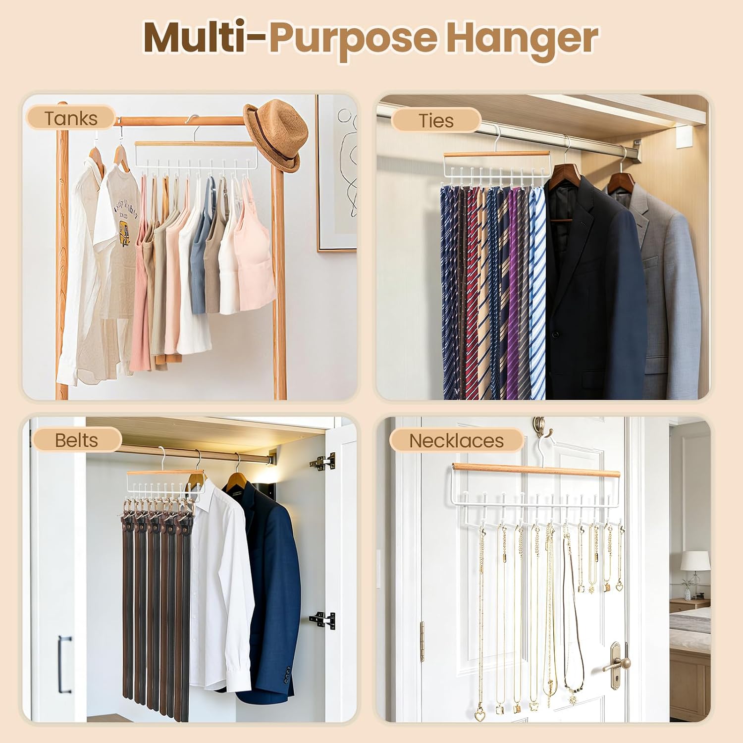 Tie Rack Hanger for Closet Upgraded 2-in-1 Tie and Belt Hanger Non Slip Tie Rack with 20 Hooks Tie Hanger Space Saving Wooden Belt Tie Organizer for Tank Tops Bras Cami Scarves, Wooden