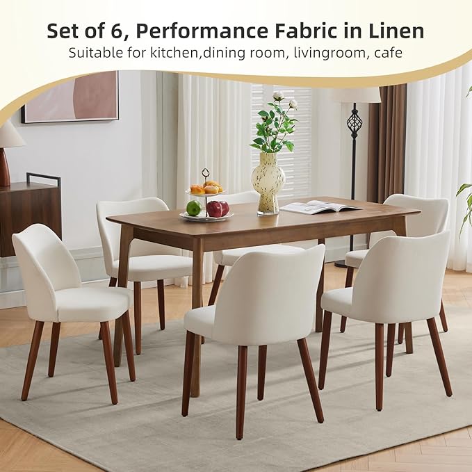 Dining Chair Set of 4, Linen Upholstered Dining Chair with Solid Wood Legs, W...
