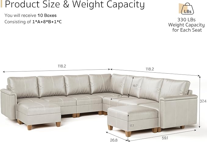 SITJOY 118" Faux Leather Modular Sectional Sofa with Storage, Mid Century Modern Sectional Couches for Living Room, Soft Padded Armrests, 9 Seat V-Shaped Sectional Couch, Greige