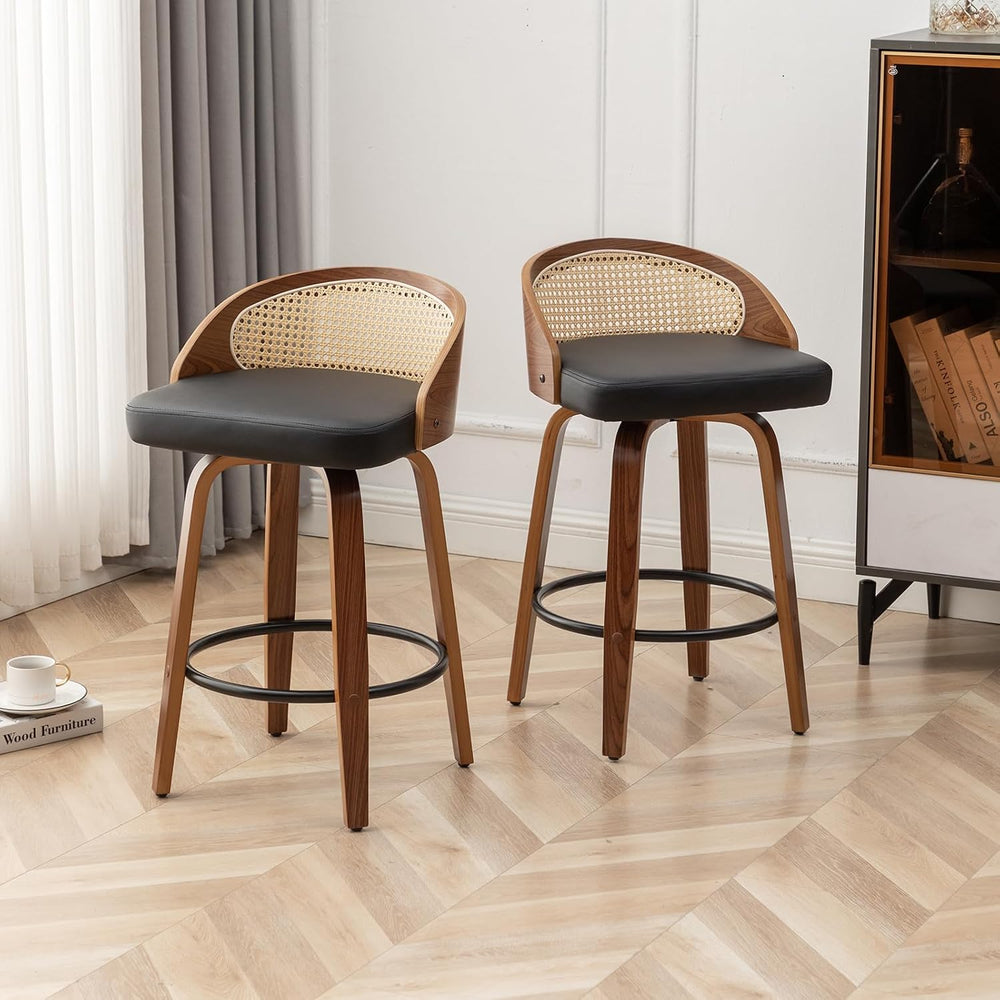 Swivel Rattan Bar Stools Set of 3 with Back,Black Leather barstool chairs