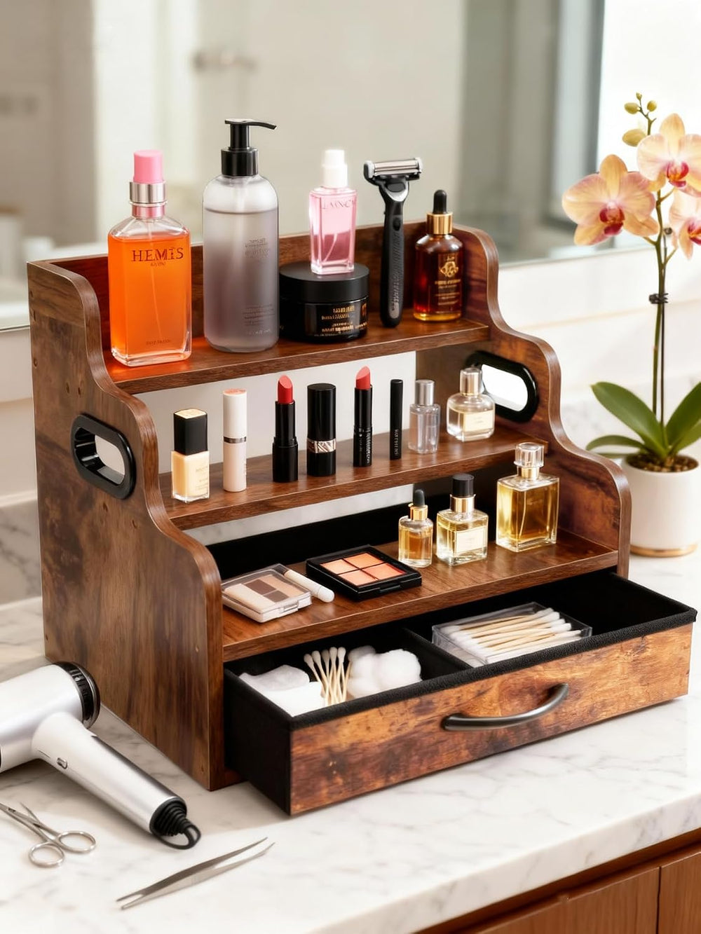 Liquor Bottle Display Shelf 3 Floors with Drawers | Countertop Wine Rack, Acc...