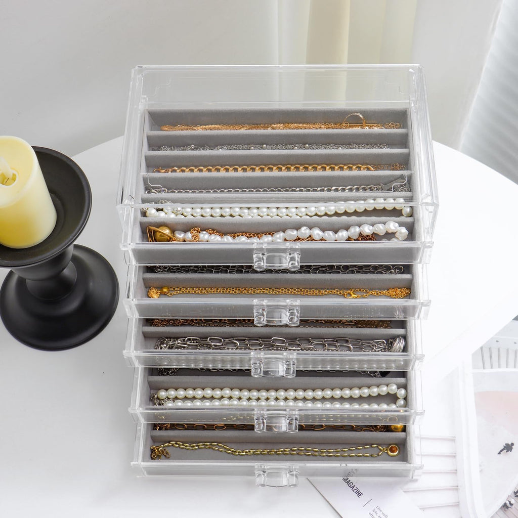 YUFONG Jewelry Organizer with 5 Drawers Clear Acrylic Earring Display Case Velvet Jewelry Storage Box Display Holder for Earring Ring Bracelet Necklace (Gray, 27 Grids)