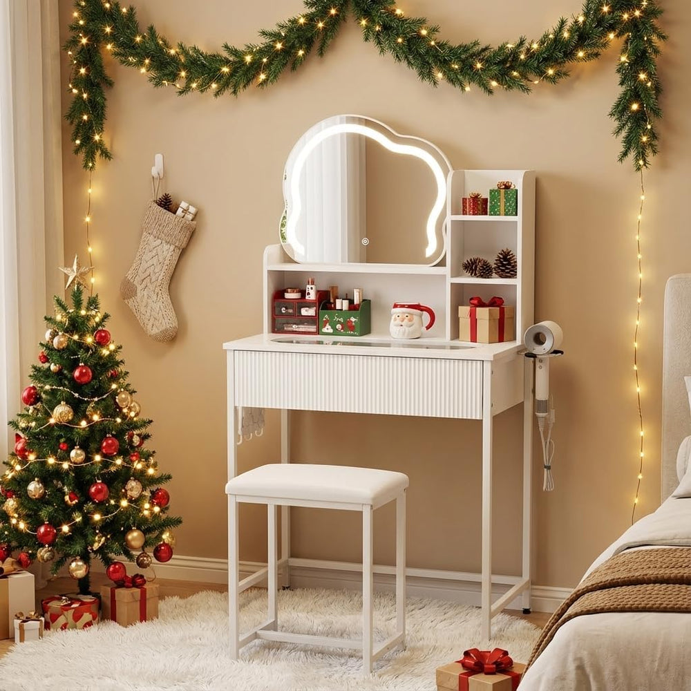 YOURLITE Vanity Desk with Mirror and Lights, Fluted Makeup Vanity Set with Ch...