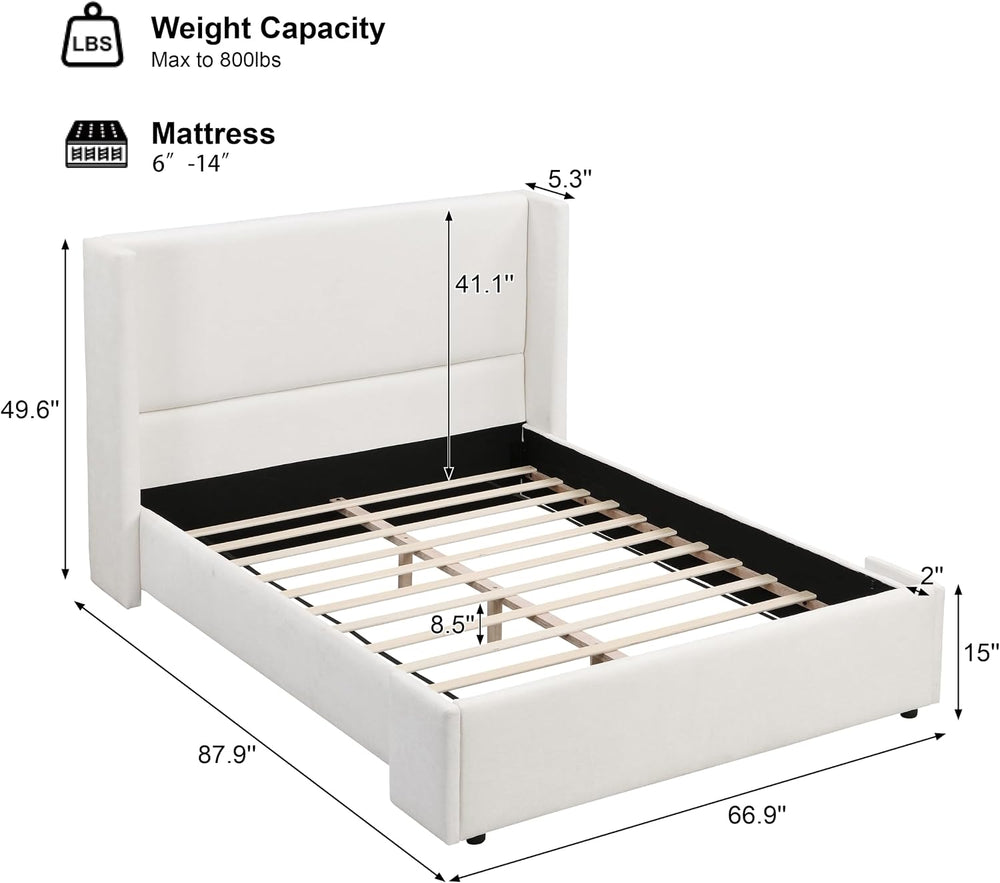 Queen Upholstered Platform Bed with Tall Wingback Headboard, White