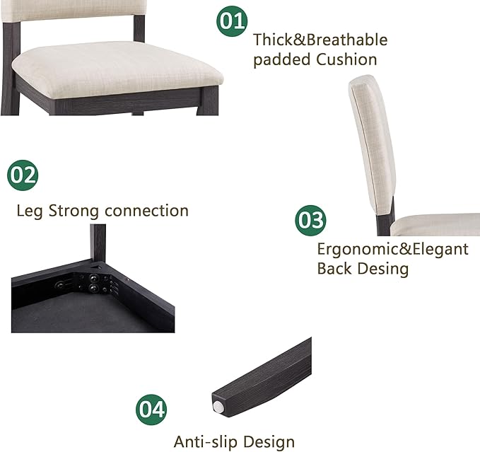 KEIKI 5-Piece Standard Height Dining Table Set with Square Table, 4 Upholstered Curved Backrest Chair, for 4 Person, Modern Style Table Set, Easy Assembly, for Kitchen, Dining Room, Black+Beige