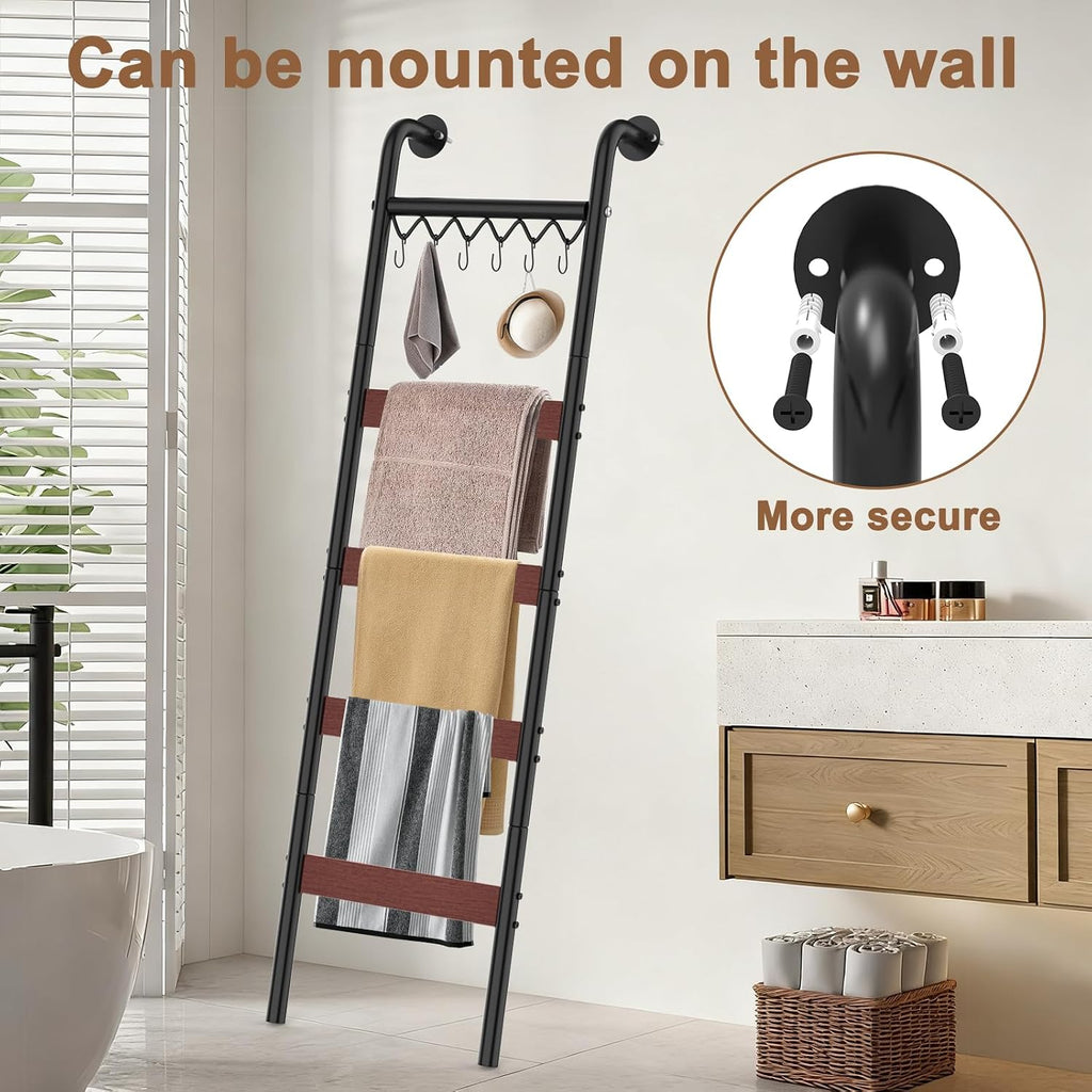 Wooden Blanket Ladder, Wall-Leaning Blanket Rack, 5 Tier Ladder Shelf, 5.6 ft Blanket Holder, Decorative Display Ladder Shelf for Storage and Home Decor, Rustic Brown and Black