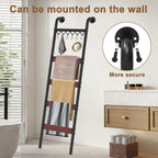 Wooden Blanket Ladder, Wall-Leaning Blanket Rack, 5 Tier Ladder Shelf, 5.6 ft Blanket Holder, Decorative Display Ladder Shelf for Storage and Home Decor, Rustic Brown and Black