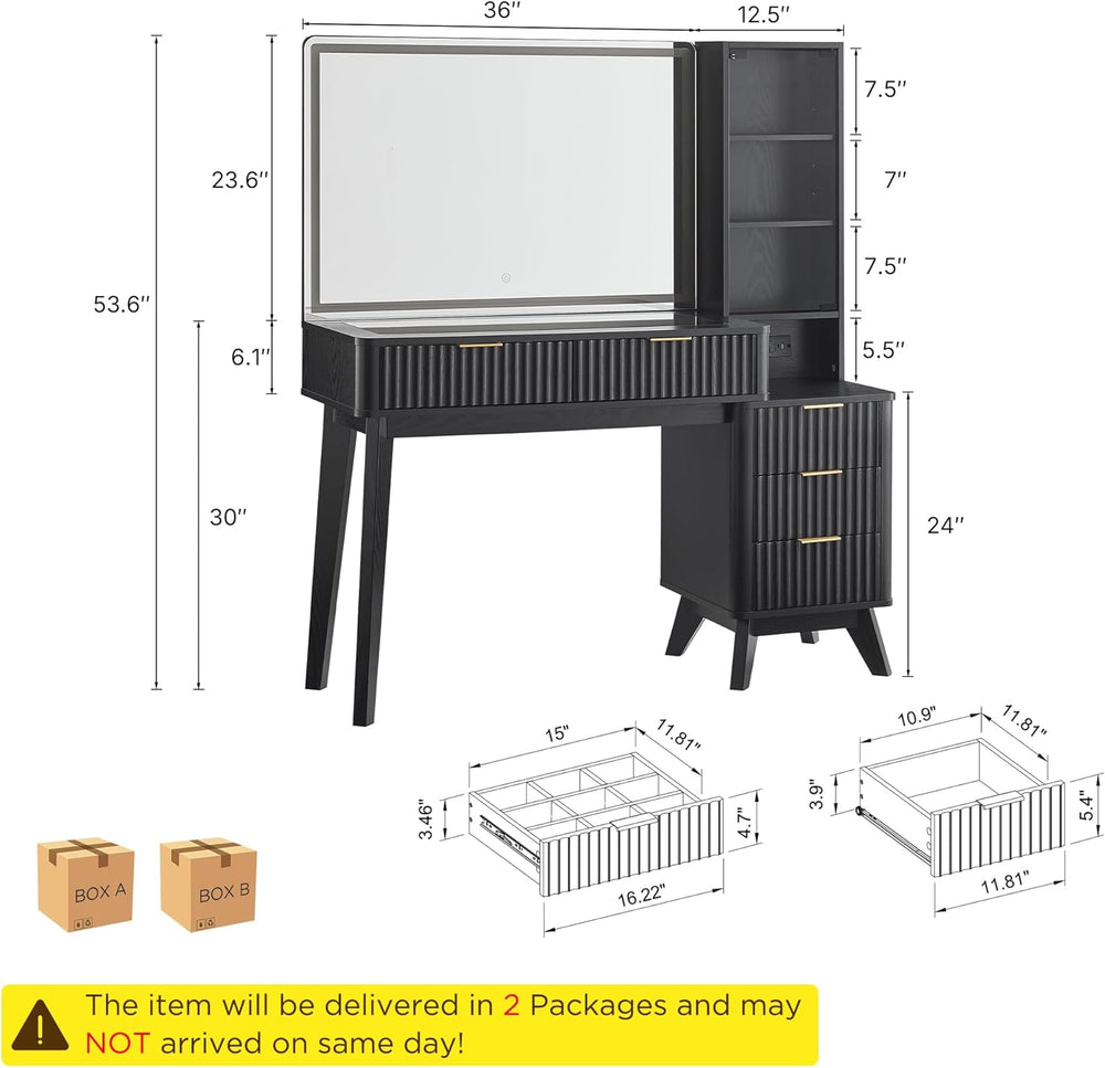 T4TREAM 48" Fluted Makeup Vanity Desk with 36" Lighted Mirror, Blac...