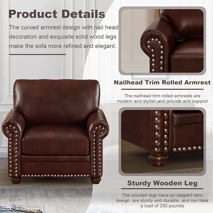 Faux Leather Accent Chair,35" W Upholstered Mid Century Modern Armchair with Rivet Rolled Arm,Deep Seat Comfy Single Sofa Chair for Living Room,Bedroom,Apartment,Office(Burgundy)