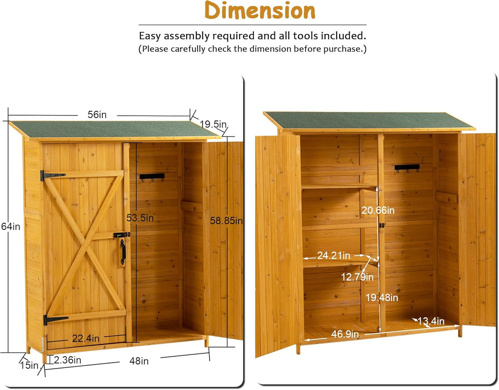 56" x 19.5" x 64" Outdoor Wooden Storage Shed with Lockable Door, Detachable Shelves & Waterproof Asphalt Roof for Garden Tools, Pool Supplies, Lawn Equipment
