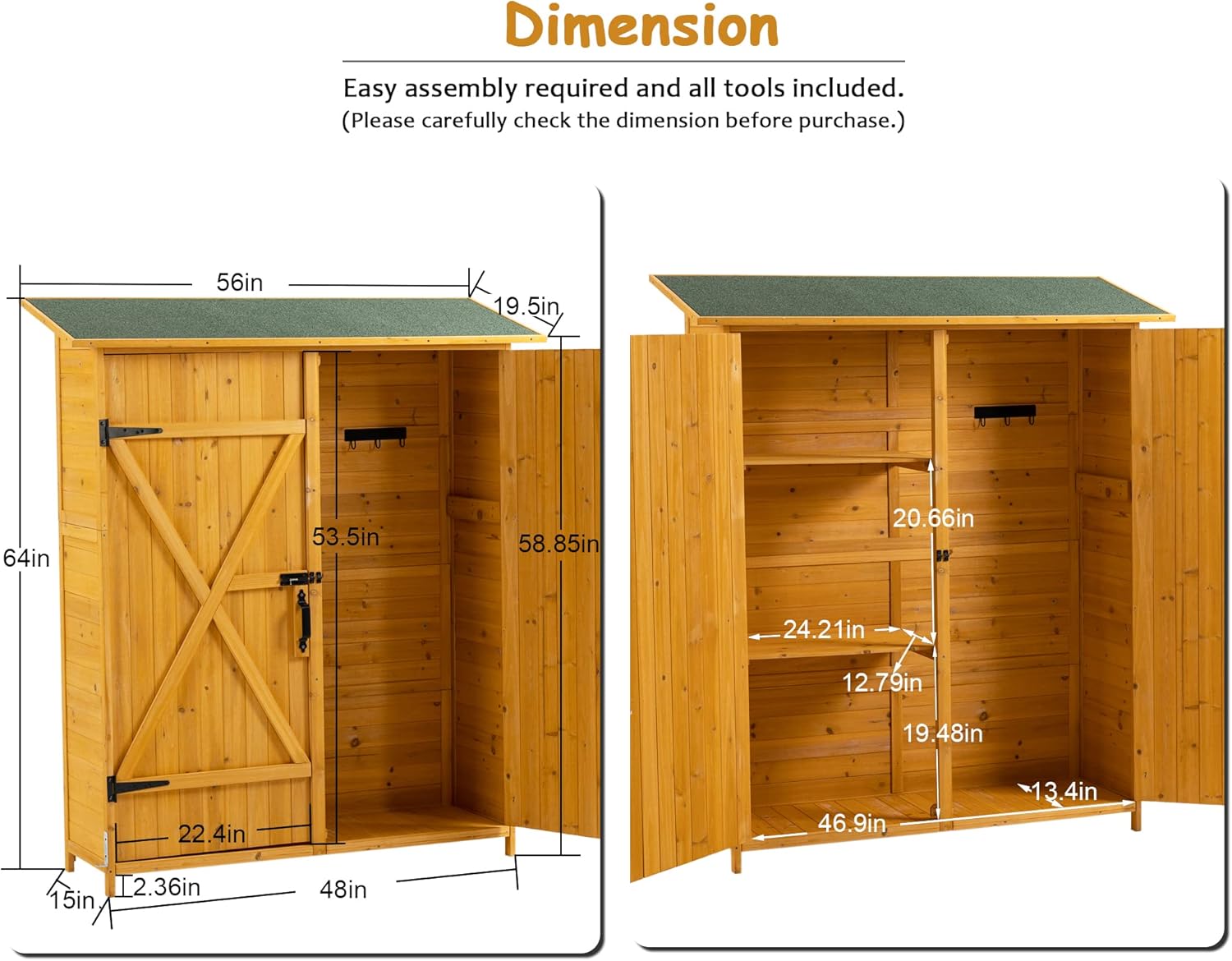 56" x 19.5" x 64" Outdoor Wooden Storage Shed with Lockable Door, Detachable Shelves & Waterproof Asphalt Roof for Garden Tools, Pool Supplies, Lawn Equipment