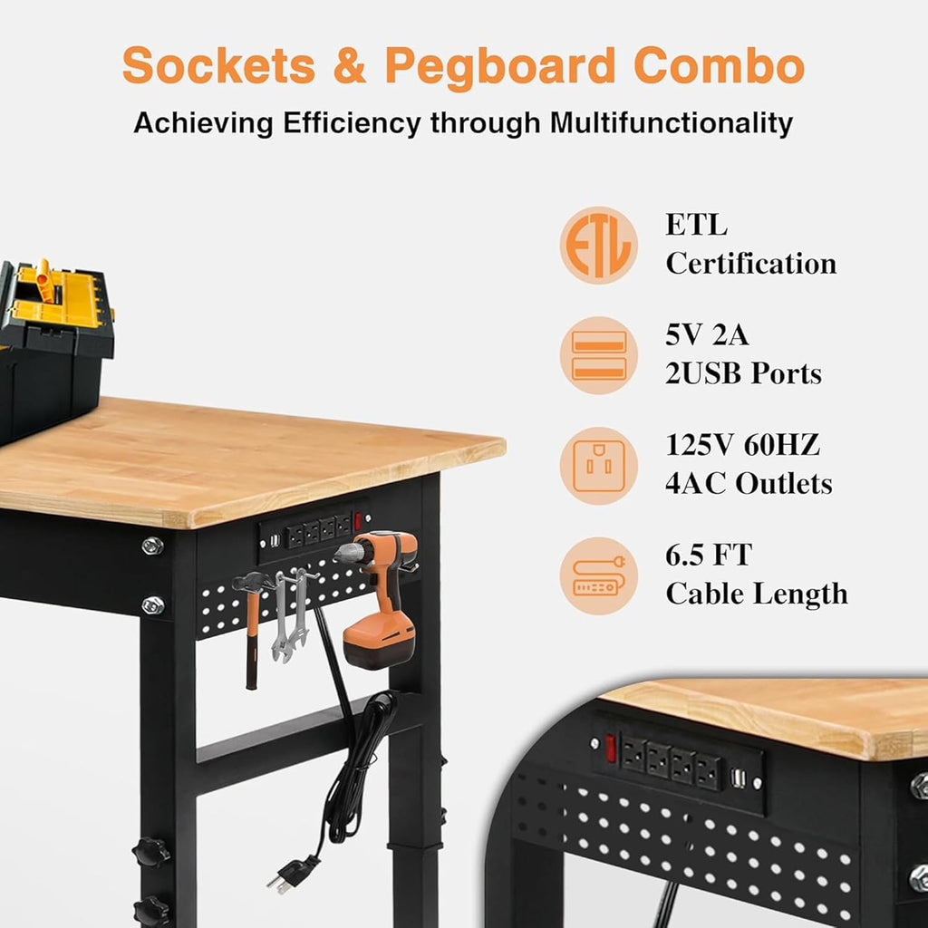 Betterhood 60" Adjustable Workbench on Wheels, Rubber Wood Heavy Duty Workstation with Power Outlets & Pegboard, 2000LBS Load Capacity Hardwood Worktable for Workshop, Garage, Office, Home, Commercial