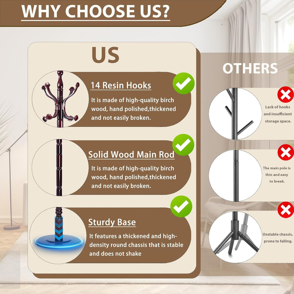 Solid Wooden Coat Rack Stand, Coat Racks Freestanding with 14 Hooks, Natural Birch Wood Coat stands with Sturdy Round Base, Tree Coat Hanger Standing for Entryway Bedroom Office (Ruyi Hook)