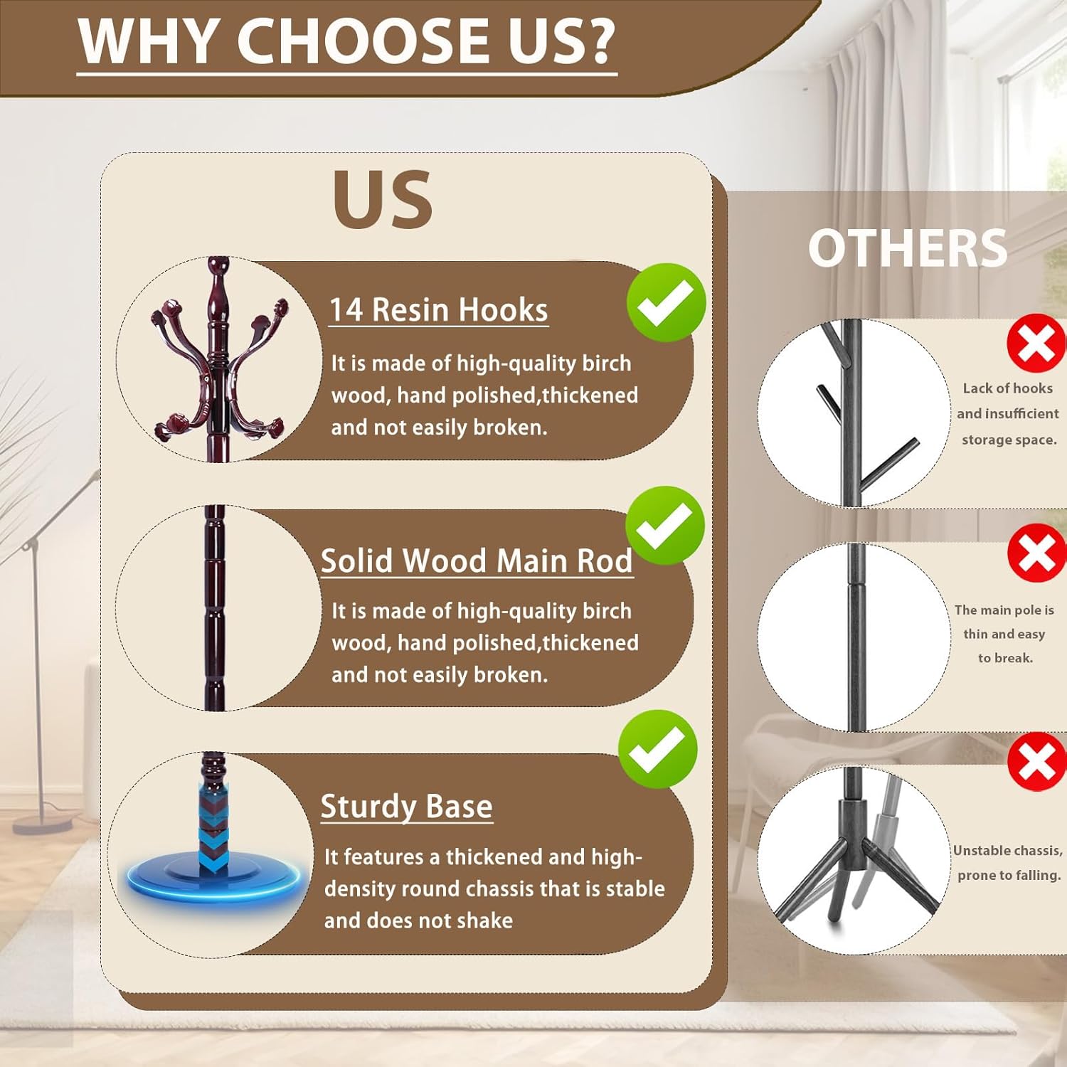 Solid Wooden Coat Rack Stand, Coat Racks Freestanding with 14 Hooks, Natural Birch Wood Coat stands with Sturdy Round Base, Tree Coat Hanger Standing for Entryway Bedroom Office (Ruyi Hook)