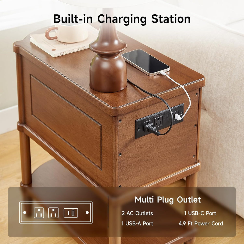 ONBRILL Narrow End Table with Charging Station, Pre-Assembled Nightstand with...