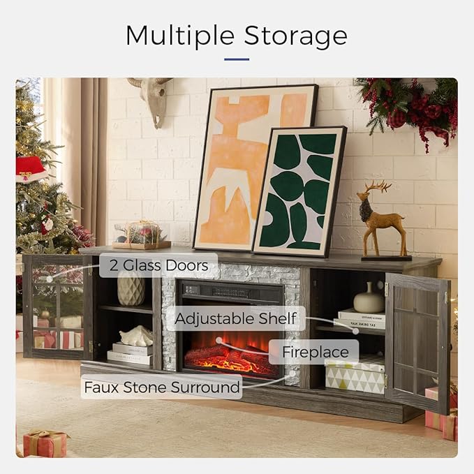 TV Stand with Electric Fireplace & Storage Cabinet, Entertainment Center with 2 Glass Door, Faux Stone Media Console Table for Living Room (Grey,70" with Fireplace)