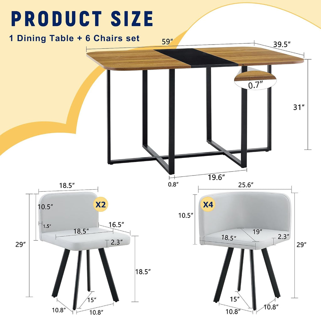 Hommoo 7-Piece Dining Table & Chairs Set for 6, 59” Rectangular Kitchen Table with 6 Chairs PU Leather Upholstered, Space-Saving Dining Room Table with Metal Frame Black Wood Table and Grey Chair