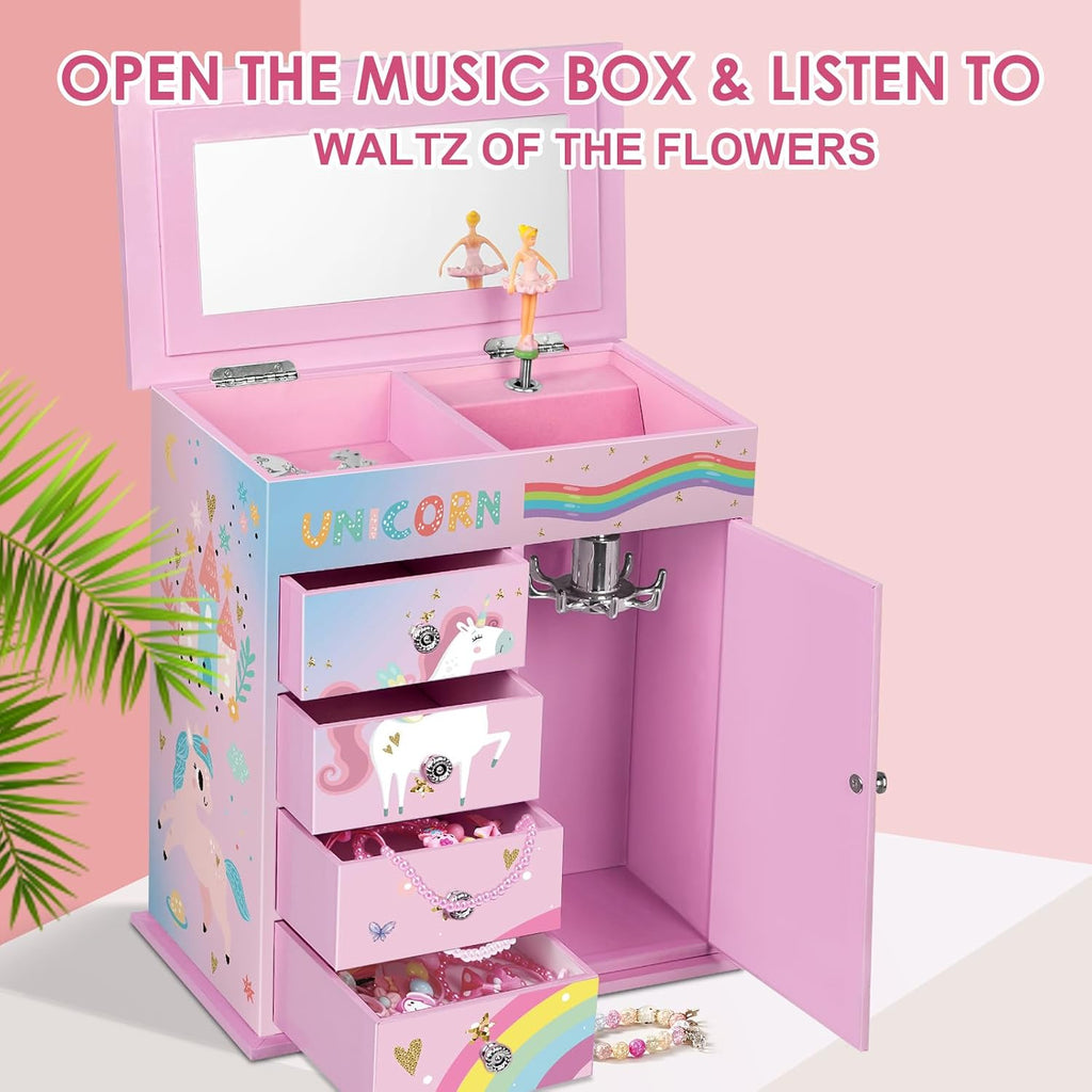 Jewelry Box for Girls 5-Layer with Swing Door Spinning Ballerina Unicorn &Castle Design Unicorn Jewelry Set Included Kids Music Box for Little Girls Birthday Christmas Gift (Pink & Blue)