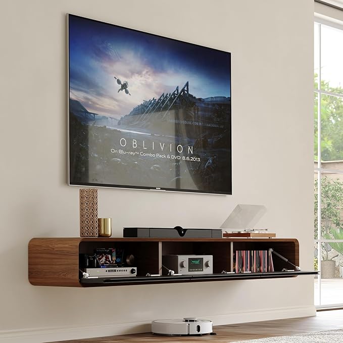 POVISON Fully-Assembled Minimalist Floating TV Stand, Modern Wall-Mounted Entertainment Center with 3 Flip-Down Cabinet Doors, Wood Media Console