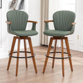 LUNLING 26” Counter Height Stools Set of 2,Mid Century Modern Bar Stools,Green PU Leather Kitchen Island Stool,Wood High Barstools Swivel with Back and Arms for Home Bar Furniture