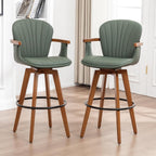 LUNLING 26” Counter Height Stools Set of 2,Mid Century Modern Bar Stools,Green PU Leather Kitchen Island Stool,Wood High Barstools Swivel with Back and Arms for Home Bar Furniture