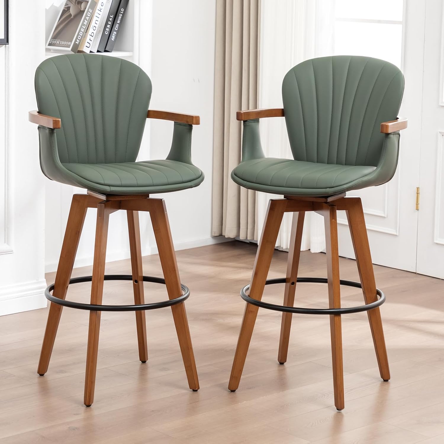 LUNLING 26” Counter Height Stools Set of 2,Mid Century Modern Bar Stools,Green PU Leather Kitchen Island Stool,Wood High Barstools Swivel with Back and Arms for Home Bar Furniture