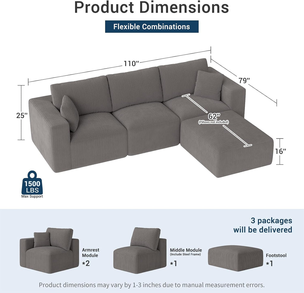 Modular Sectional Sleeper Sofa Couches for Living Room - Modern 110" L-Shaped Boneless Cloud Couch - Easy Assembly, Cozy Corduroy Convertible Full Sponge Compression Sofas for House, Apartment(Grey)