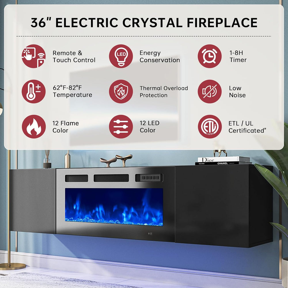 oneinmil 70" Floating TV Stand with 36" Electric Fireplace, Wall Mo...