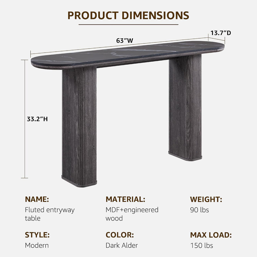 OKD 63" Modern Console Table with Arc Faux Marble Texture Top, Fluted Wo...