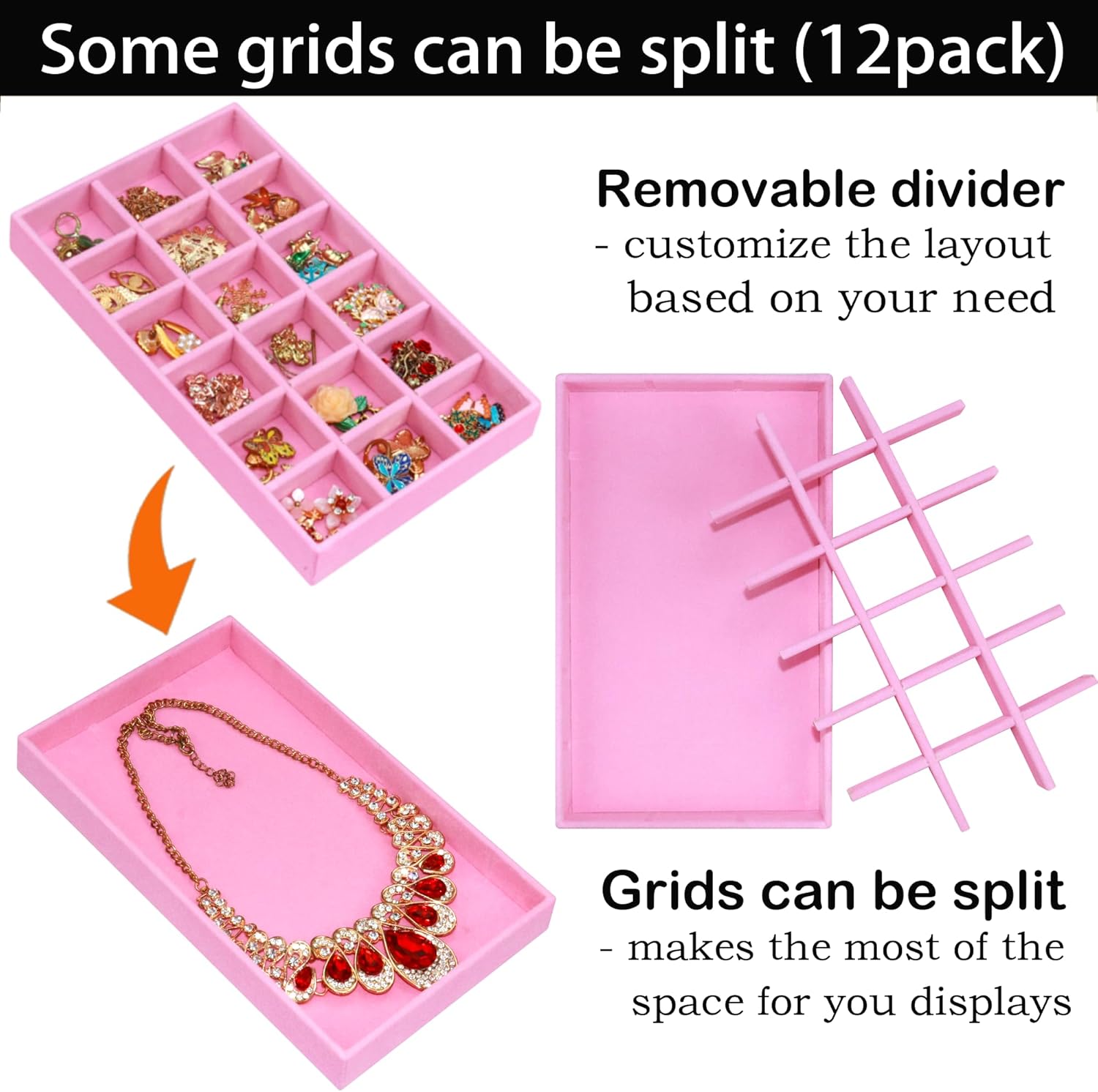 12 Pack Earring Organizer Stackable Jewelry Drawer Tray Removable Jewelry Display Tray Organizer for Necklace Earring Drawer Insert 216 Grids